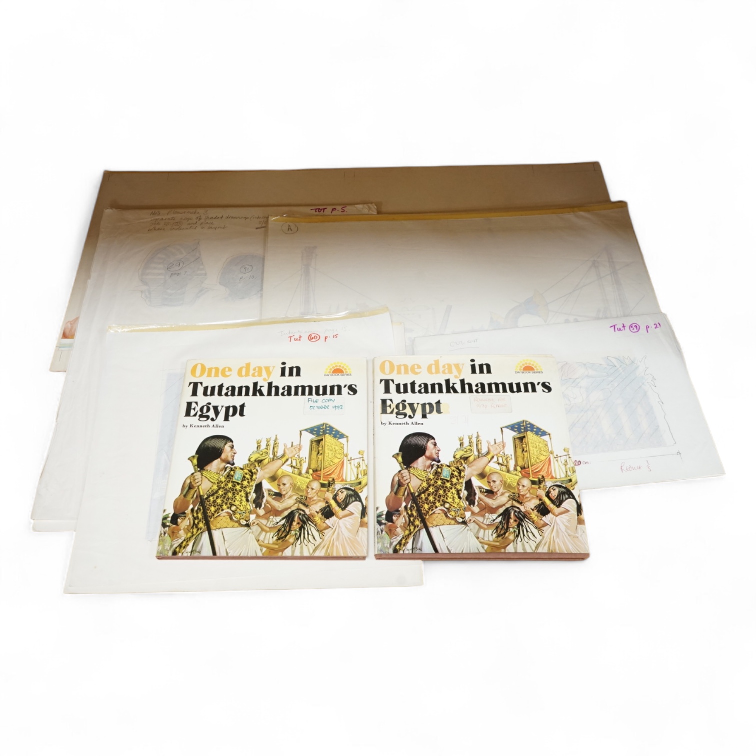 Angus McBride (1931-2007), five illustrations from 'One day in Tutankhamun's Egypt' to include Processions, Pyramid building and Studies of Pharoahs, watercolour and gouaches, largest 38 x 80cm, unframed, together with t